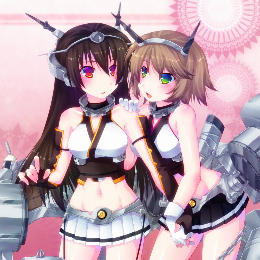 2girls, black_hair, brown_hair, chain, door_to_heaven, elbow_gloves, fingerless_gloves, gloves