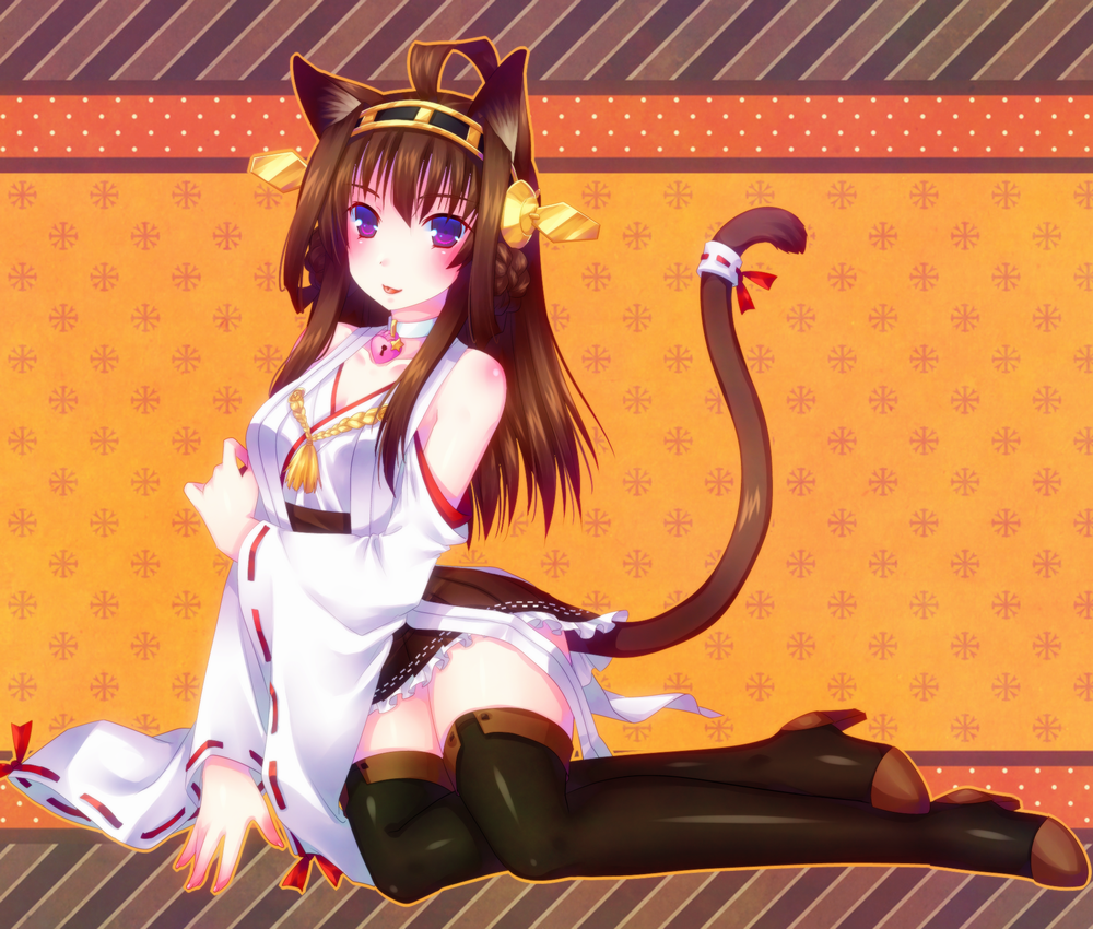 1girl, :p, ahoge, animal_ears, brown_hair, cat_ears, cat_tail, detached_sleeves, door_to_heaven, hairband, heart, japanese_clothes, jewelry, kantai_collection, kemonomimi_mode, kongou_(kantai_collection), lock, long_hair, looking_at_viewer, necklace, nontraditional_miko, ribbon, solo, star, tail, tail_ribbon, thigh-highs, tongue, tongue_out, violet_eyes, wide_sleeves