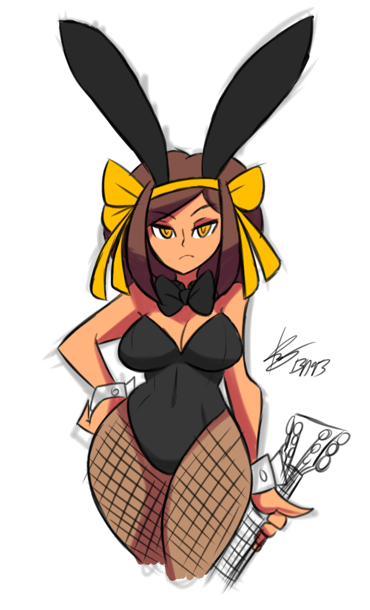 1girl, animal_ears, bare_shoulders, bigdead93, bowtie, breasts, brown_hair, bunny_girl