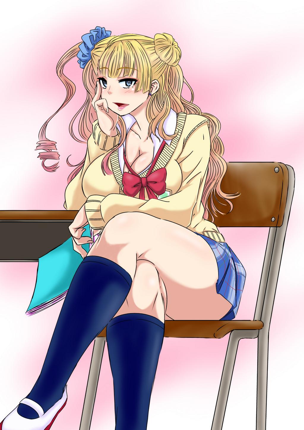 1girl, asymmetrical_hair, blue_eyes, bowtie, breasts, cardigan, chair, chin_rest, cleavage, crossed_legs, ear_studs, earrings, gyaru-ko, hair_bun, highres, jewelry, kneehighs, kogal, large_breasts, long_hair, loose_tie, makkuro_rokusuke, one_side_up, oshiete!_gyaru-ko-chan, parted_lips, plaid, plaid_skirt, school_desk, school_uniform, scrunchie, sitting, skirt, solo, thighs