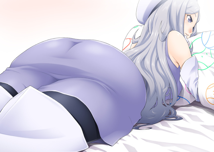1girl, aila_jyrkiainen, ass, bare_shoulders, bed, blush, boots, breast_press