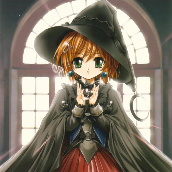 blonde_hair, cape, ear_rings, green_eyes, green_hat, magic, moon_cresent, witch_hat