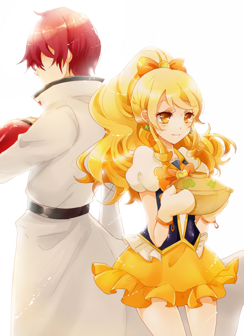 1boy, 1girl, back-to-back, blonde_hair, bow, bowtie, brooch, coat