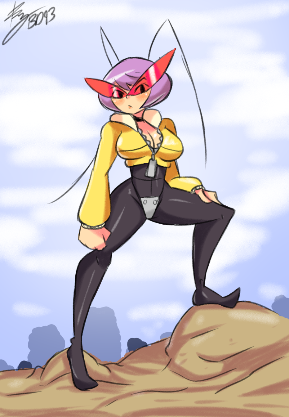 1girl, antennae, bigdead93, black_torch, bob_cut, bodysuit, breasts, cleavage