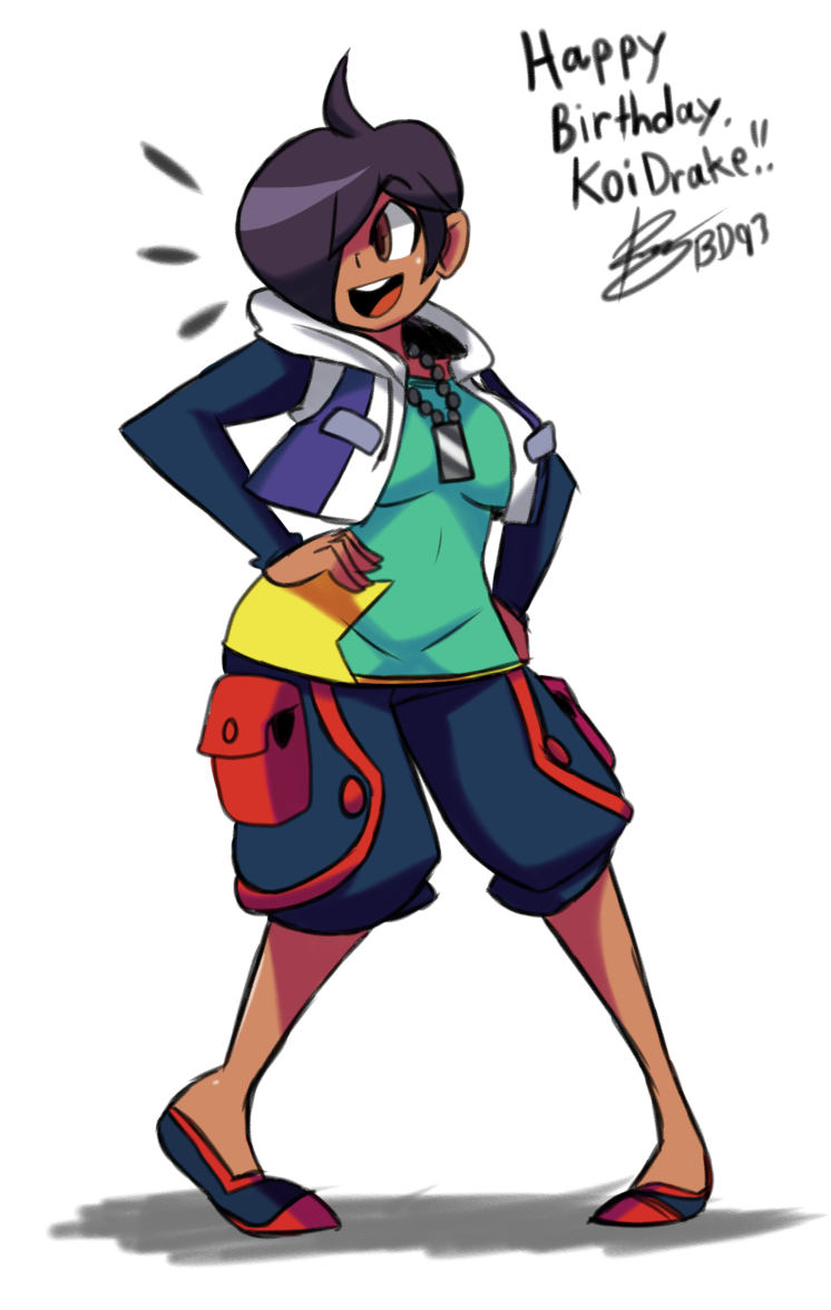 1girl, ahoge, bigdead93, black_hair, borrowed_character, brown_eyes, cargo_pants, dark_skin, dog_tags, flats, hair_over_one_eye, hands_on_hips, happy_birthday, hoodie, leena_(koi_drake), original, pants, short_hair, shorts, solo, tomboy