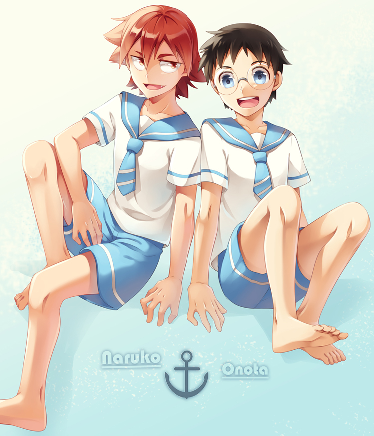 2boys, anchor, barefoot, black_hair, blue_eyes, cr72, glasses, male