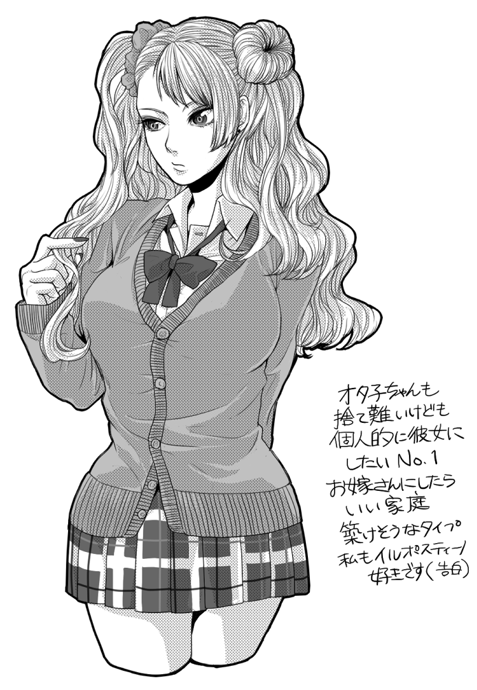 1girl, arm_behind_back, asymmetrical_hair, breasts, cardigan, cropped_legs, greyscale, gyaru-ko
