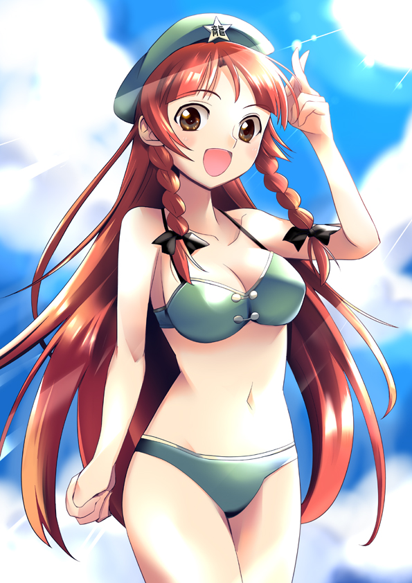1girl, :d, arm_at_side, bangs, bare_shoulders, beret, bikini, braid
