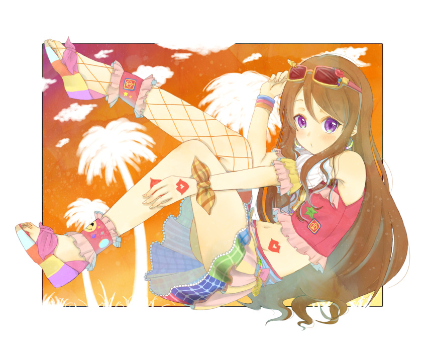 1girl, aikatsu!, bare_shoulders, blush, brown_hair, chimaki, earrings, jewelry