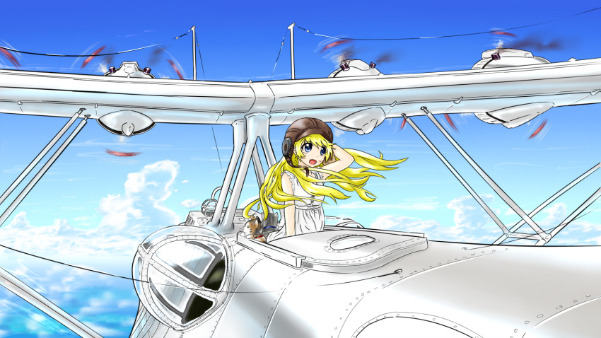 airplane, blonde_hair, cat, clouds, dress, frills, gripen, h6k