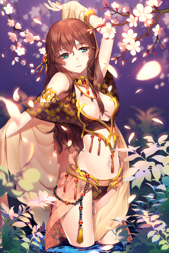 1girl, armband, arms_up, bracelet, brown_hair, cherry_blossoms, choker, dancer
