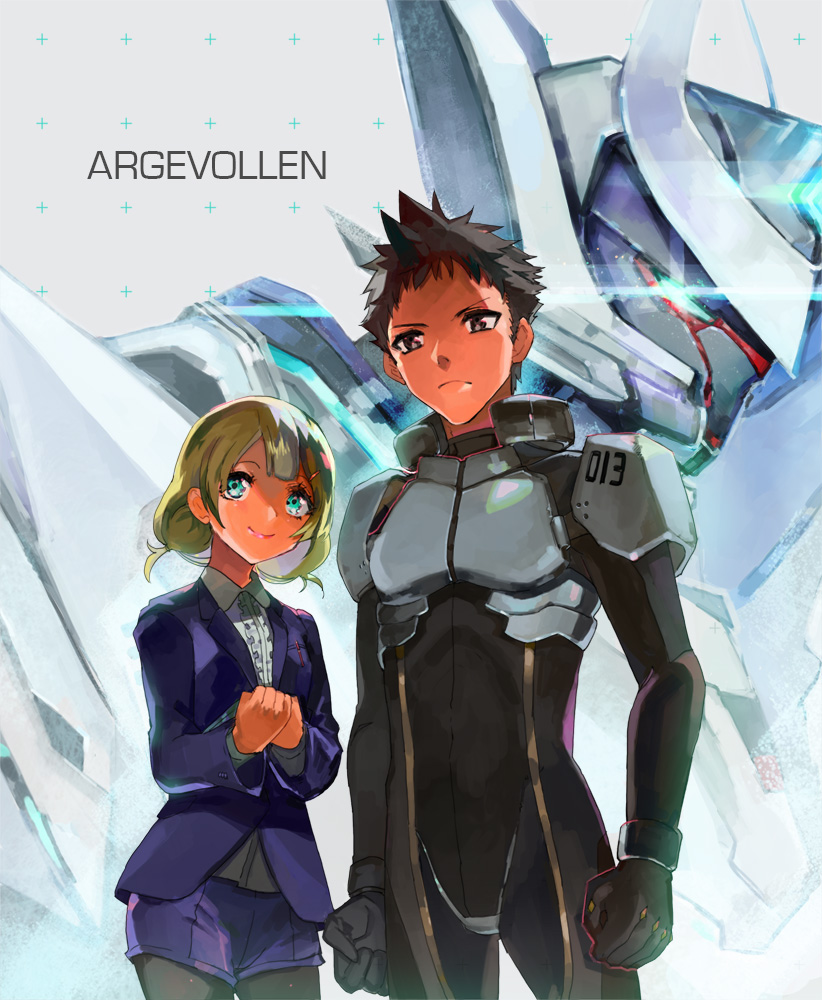 1boy, 1girl, argevollen_stabilis_prima, black_hair, blonde_hair, green_eyes, jamie_hazaford, long_hair, mecha, pilot_suit, shirogane_no_ishi_argevollen, short_hair, susumu_tokimune, urayura