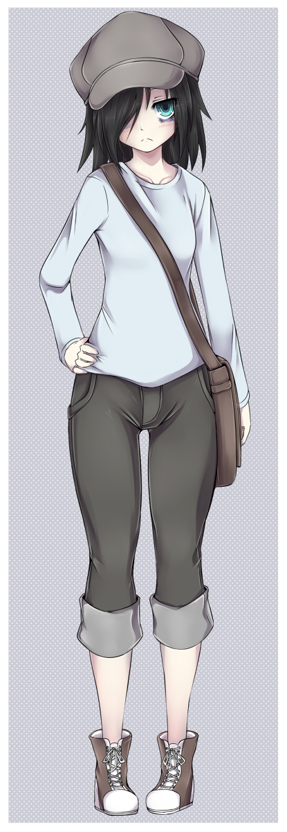 1girl, bag, bags_under_eyes, black_hair, blush, full_body, green_eyes, hair_over_one_eye