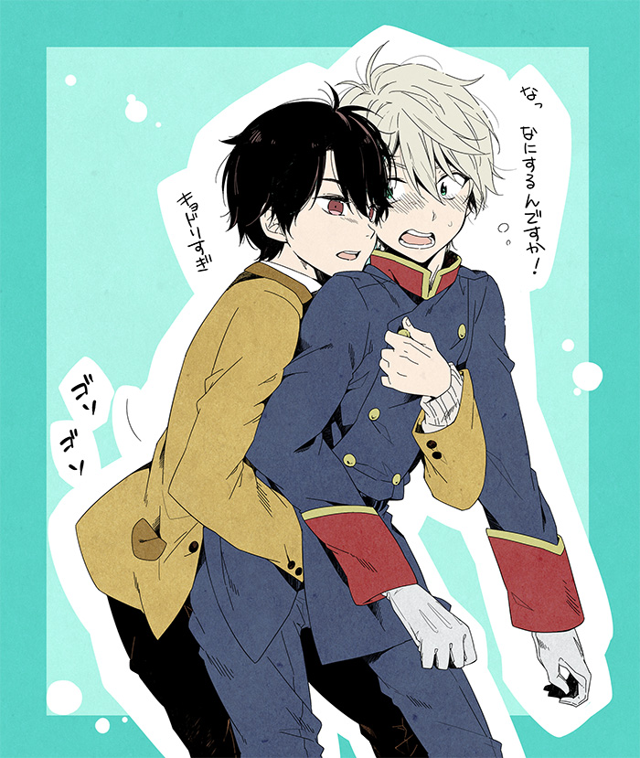 2boys, aldnoah.zero, brown_eyes, brown_hair, gloves, green_eyes, groping, hug, hug_from_behind, kaizuka_inaho, kurogoma_(monkey88), military, military_uniform, multiple_boys, necktie, partially_translated, school_uniform, short_hair, silver_hair, slaine_troyard, sweater_vest, translation_request, uniform, white_gloves, yaoi