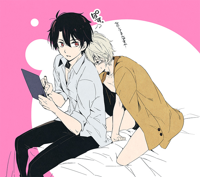 2boys, after_sex, aldnoah.zero, bed, bed_sheet, blush, brown_eyes, brown_hair