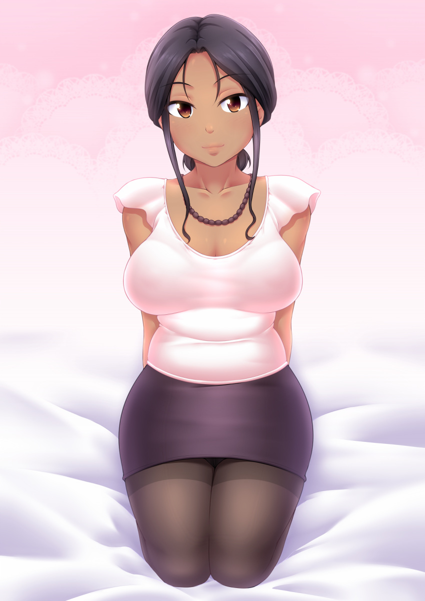 1girl, black_hair, black_legwear, breasts, brown_eyes, cleavage, collarbone, dark_skin, ghettoyouth, highres, jewelry, large_breasts, long_hair, looking_at_viewer, necklace, original, pantyhose, pencil_skirt, skirt, smile, solo
