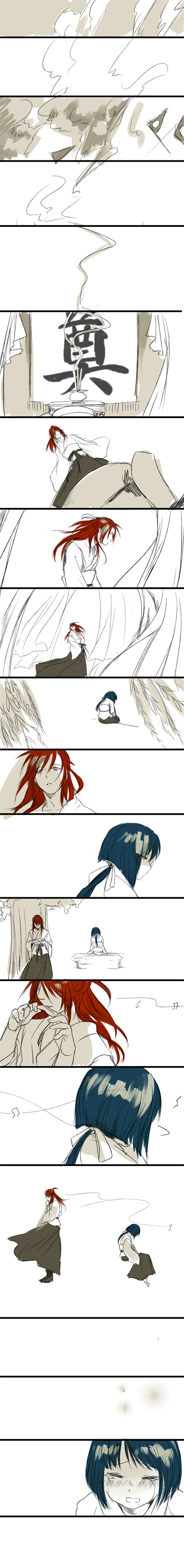 absurdres, black_hair, chinese_clothes, comic, highres, leaf, long_hair, long_image