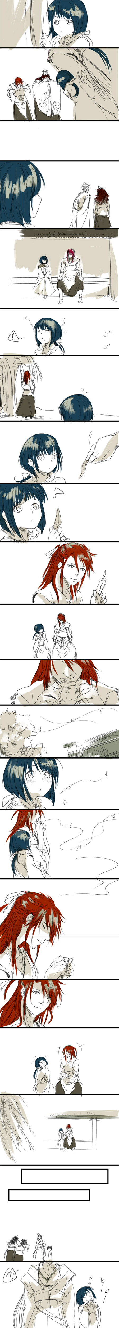 absurdres, black_hair, chinese_clothes, comic, father_and_daughter, father_and_son, highres, leaf