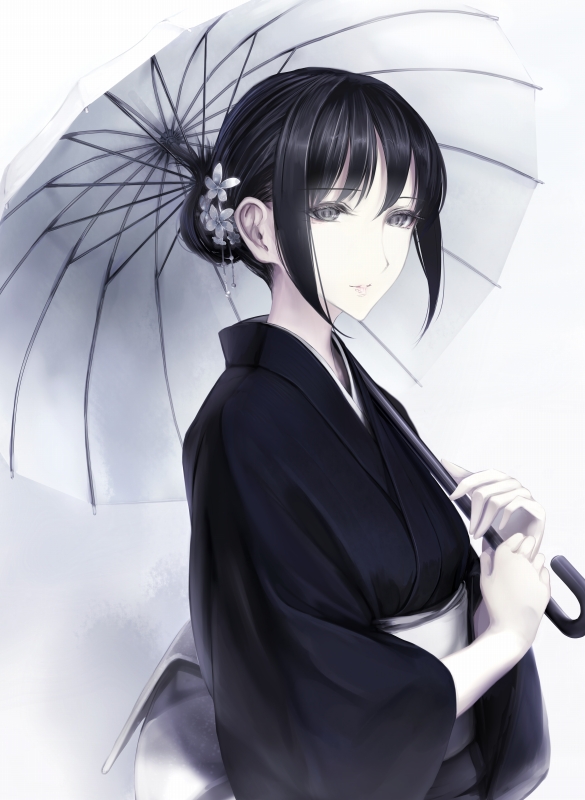 1girl, bangs, black_hair, erise, grey_eyes, grey_eyes, hair_bun, hair_ornament