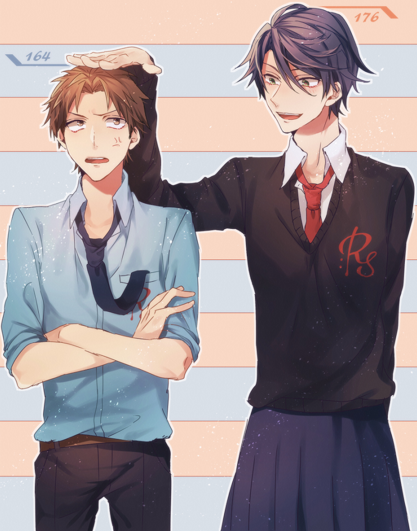1boy, 1girl, ailm, androgynous, anger_vein, black_hair, brown_hair, crossed_arms, gekkan_shoujo_nozaki-kun, height_difference, hori_masayuki, kashima_yuu, necktie, open_mouth, reverse_trap, school_uniform, short_hair, smile, sweater