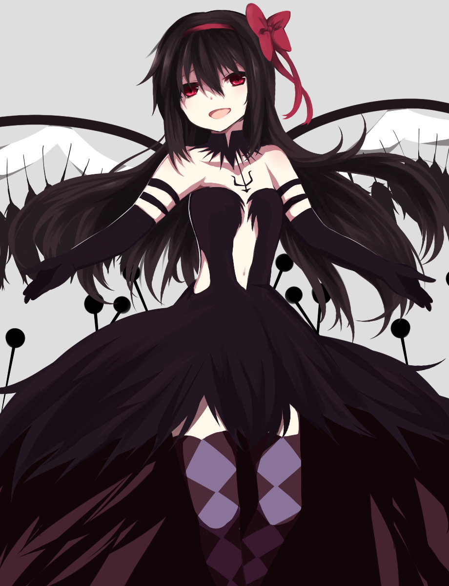 :d, akemi_homura, akuma_homura, argyle, argyle_legwear, bare_shoulders, black_dress, black_gloves