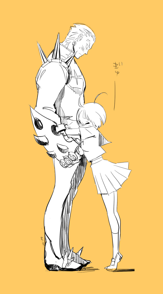 1boy, 1girl, ariorihaberi, blush, couple, gamagoori_ira, height_difference, hug