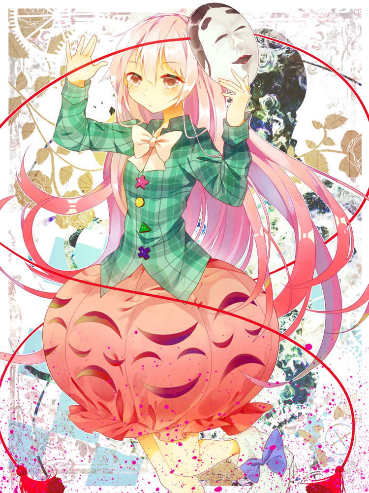 1girl, bubble_skirt, checkered_shirt, hata_no_kokoro, hourai_ninjin, long_hair, mask, pink_eyes