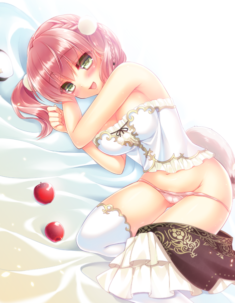 1girl, apple, atelier_(series), atelier_escha_&amp;_logy, bed_sheet, blush, braid, crop_top