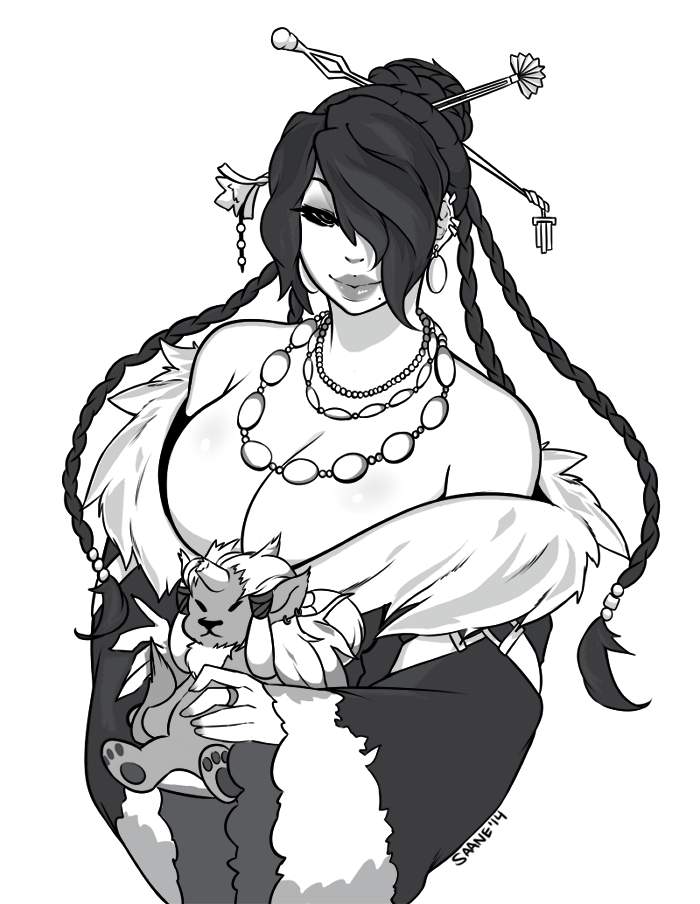 1girl, bare_shoulders, braid, breasts, character_doll, cleavage, ear_piercing, earrings