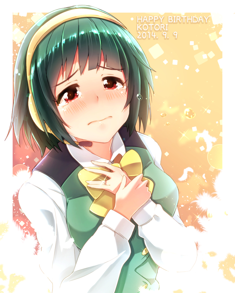 1girl, 2014, blush, bowtie, dated, green_hair, happy_birthday, headset