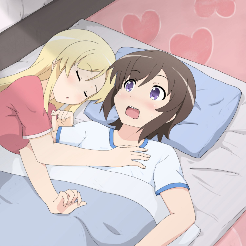 2girls, bed, blonde_hair, blush, brown_hair, closed_eyes, futon, futsuu_no_joshikousei_ga_locodol_yattemita, highres, hug, kohinata_yukari, long_hair, maimai251, multiple_girls, open_mouth, shared_blanket, short_hair, sleeping, usami_nanako, violet_eyes