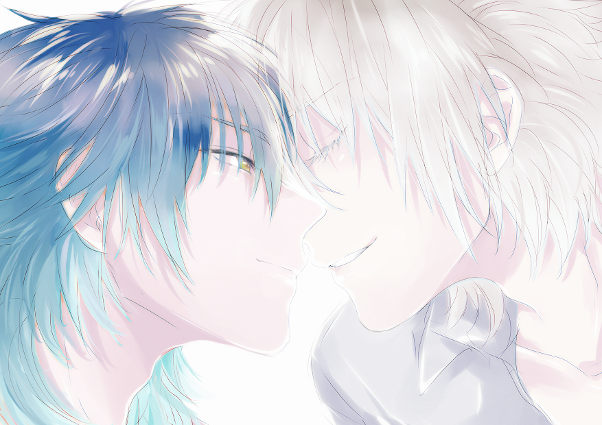 2boys, blue_hair, clear_(dramatical_murder), closed_eyes, couple, dramatical_murder, incipient_kiss, multiple_boys