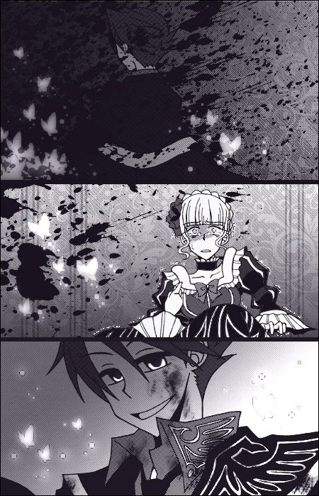 blood, creepy, momofukki, monochrome, role_reversal, scared, smile, tears