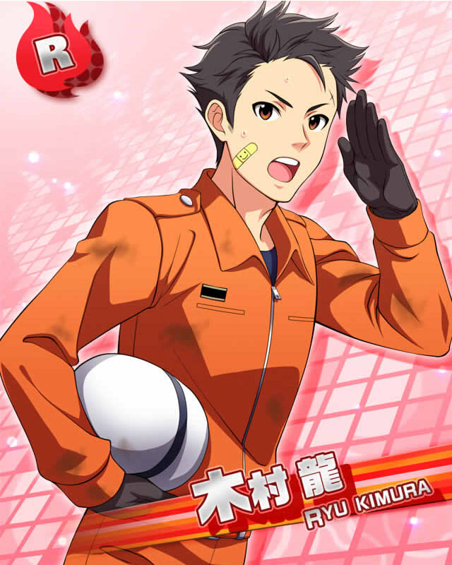 1boy, bandage, black_gloves, black_hair, brown_eyes, character_name, gloves, helmet, idolmaster, idolmaster_side-m, kimura_ryu, male, official_art, open_mouth, short_hair, solo, sweat, uniform