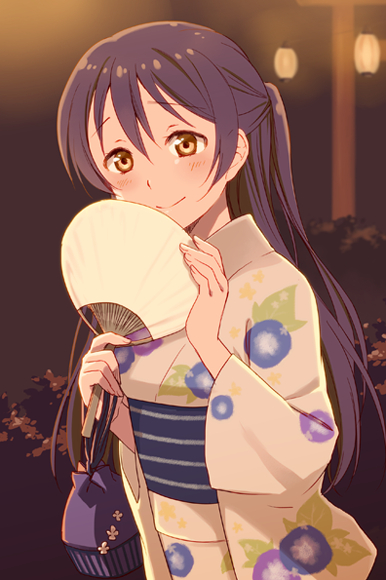 1girl, blue_hair, blush, brown_eyes, japanese_clothes, kannuki_hisui, long_hair, love_live!_school_idol_project