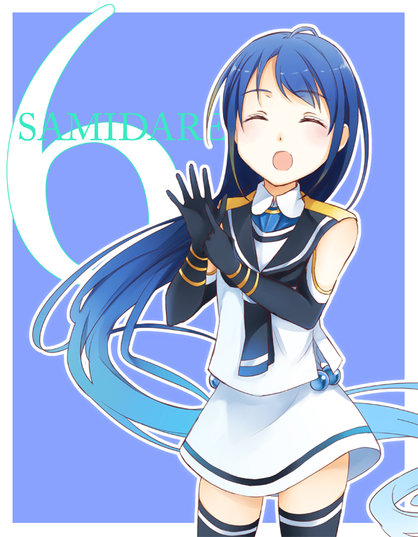 1girl, :d, ^_^, bare_shoulders, blue_background, blue_gloves, blue_hair, blue_legwear