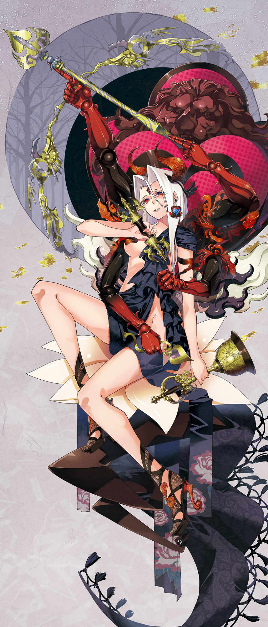 1girl, armlet, arrow, bell, bow_(weapon), breasts, buddhism, earrings, fang, flower, forehead_jewel, full_body, goddess, hair_ornament, high_heels, highres, holding, holding_weapon, horns, jewelry, legs, light_smile, long_hair, long_image, long_legs, lotus, multiple_arms, open_mouth, orange_eyes, original, ragaraja, sitting, solo, statue, tree, tsurukame, under_boob, weapon, white_hair