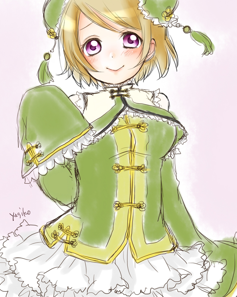 1girl, blush, brown_hair, chinese_dress, double_bun, dress, grey_background, koizumi_hanayo