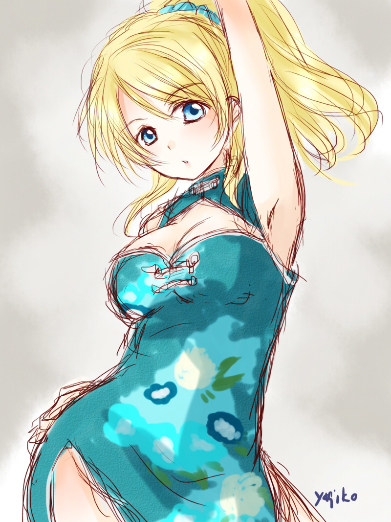 1girl, armpits, ayase_eli, blonde_hair, blue_eyes, blush, chinese_dress, dress
