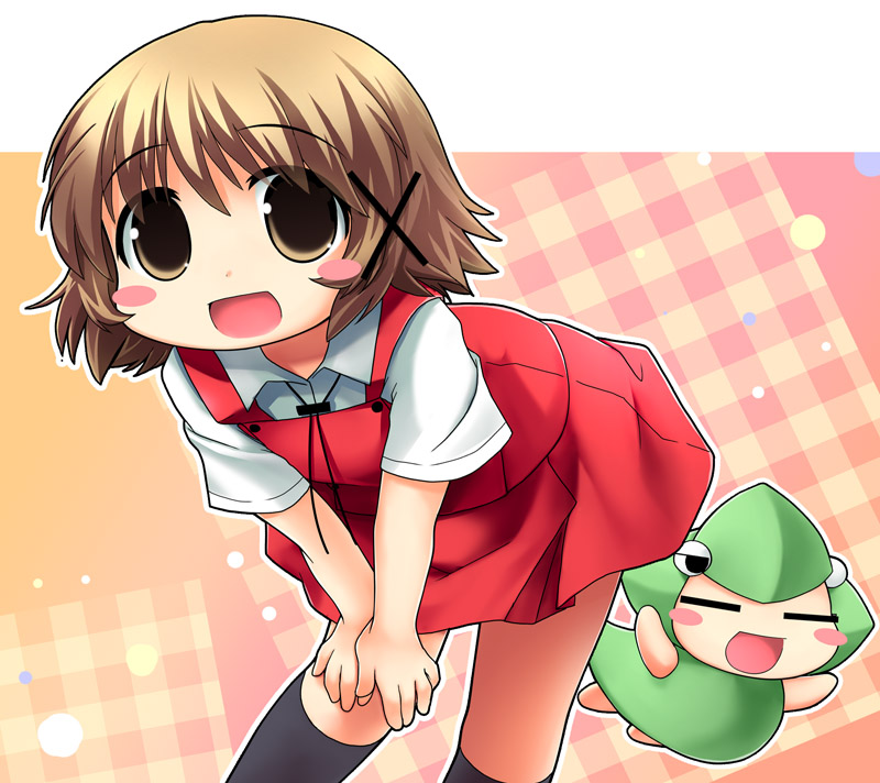 2girls, brown_eyes, brown_hair, hidamari_sketch, kneehighs, nagayama_yuunon, sakuraboshi_sora, school_uniform