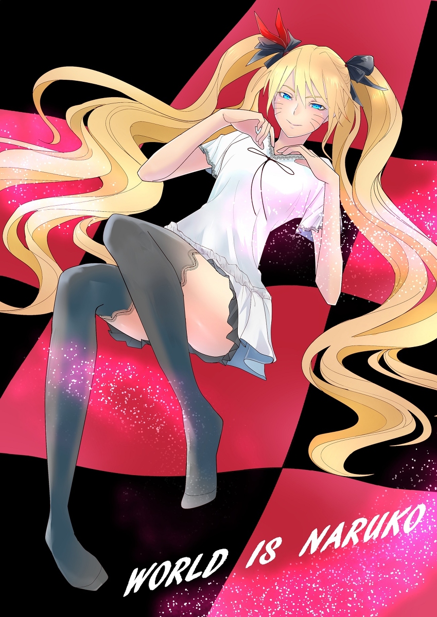 1girl, artist_request, black_legwear, blonde_hair, blue_eyes, blush, checkered_background, dress