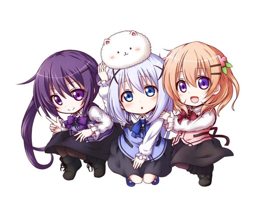 3girls, animal, animal_on_head, blue_eyes, blue_hair, boots, chibi, gochuumon_wa_usagi_desuka?