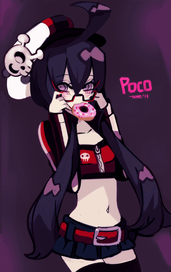 1girl, adjusting_glasses, ahoge, bespectacled, black_hair, blue_(hopebiscuit), blush, doughnut