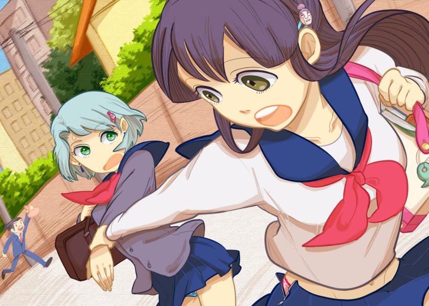 bag, black_hair, blue_hair, brown_eyes, green_eyes, gyakuten_saiban, hair_ornament, hairclip