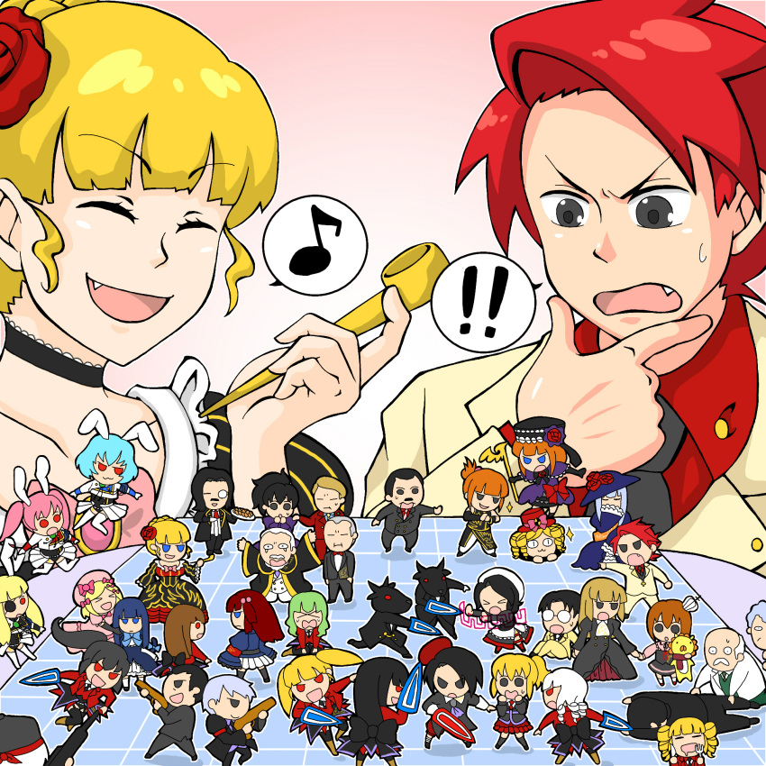 >_<, amakusa_juuza, animal_ears, armband, asmodeus, beatrice, beelzebub, belphegor, black_eyes, black_hair, blonde_hair, blue_eyes, blue_hair, brown_hair, chibi, choker, dress, everyone, eyepatch, fang, formal, frederica_bernkastel, frills, fumu_(guriguri), gaap, goatman, gohda_toshiro, gouda_toshirou, green_hair, gun, hair_bobbles, hair_ornament, highres, jacket, kanon_(umineko), kiseru, lambdadelta, leviathan_(umineko), lucifer, mammon, monocle, nanjou_terumasa, necktie, orange_hair, pink_hair, pipe, red_eyes, red_hair, ronove, sakutarou, satan, shannon, siesta00, siesta410, siesta45, siesta556, siesta_sisters, silver_hair, skirt, socks, stakes_of_purgatory, suit, tail, tears, umineko_no_naku_koro_ni, ushiromiya_ange, ushiromiya_battler, ushiromiya_george, ushiromiya_hideyoshi, ushiromiya_jessica, ushiromiya_kinzo, ushiromiya_kinzou, ushiromiya_krauss, ushiromiya_kyrie, ushiromiya_maria, ushiromiya_natsuhi, ushiromiya_rosa, ushiromiya_rudolf, virgilia, weapon, white_hair