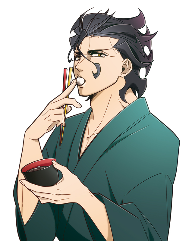 1boy, ahoge, black_hair, chopsticks, eating, fabu0405, fate/zero, fate_(series)