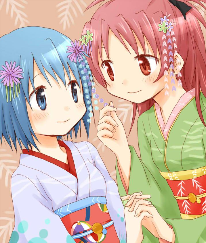 2girls, blue_eyes, blue_hair, blush, holding_hands, isora, japanese_clothes, kimono