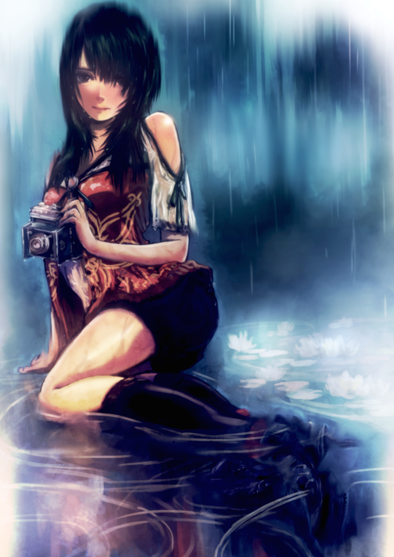 1girl, arm_support, black_hair, black_legwear, brown_eyes, camera, fatal_frame, fatal_frame_5