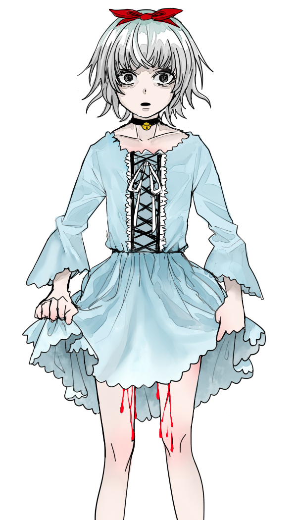 1boy, black_eyes, blood, bloody_stream, bow, castration, child, choker