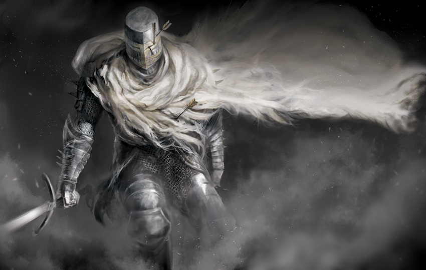 armor, arrow, arrow_in_head, cape, dark_souls_2, full_armor, gauntlets, heide_knight